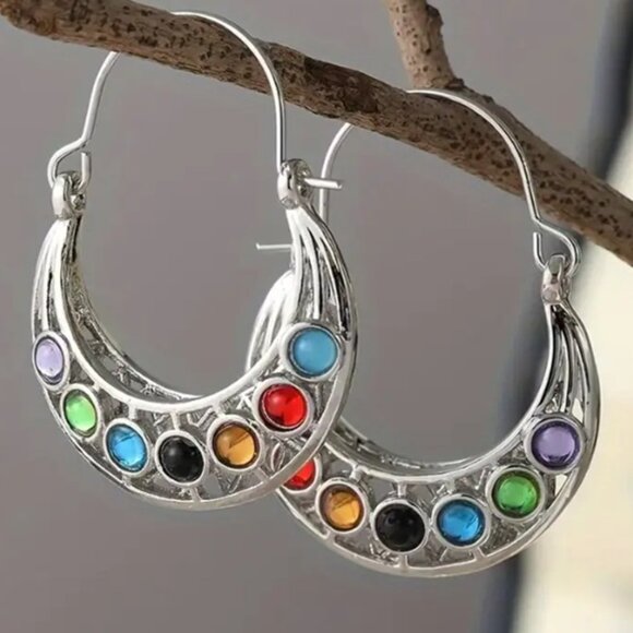 Simple Elegance Multicolor Glass Mosaic Hoop Earrings - Picture 1 of 2